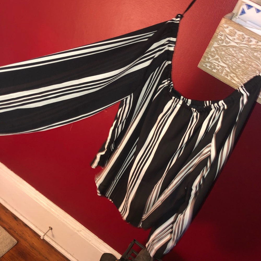 Off the shoulder black and white striped blouse
